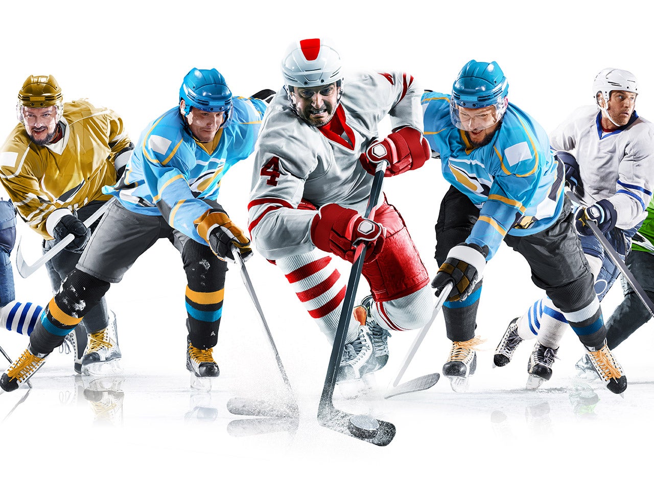 Grand ice hockey collage with professional players on the white background