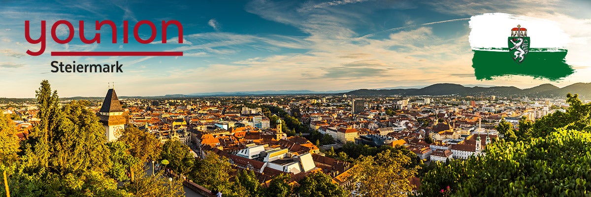 Panoramic view at Graz city with his famous buildings. Famous tourist destination in Austria