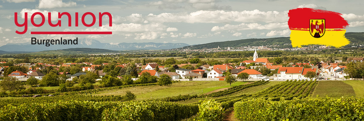 Village of Oslip with capital Eisenstadt and Leithagebirge in Burgenland Austria